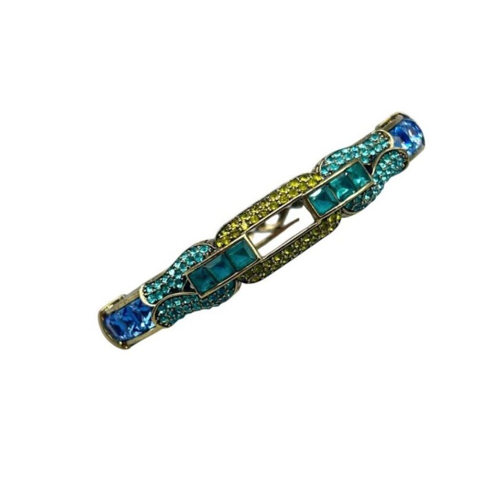 Heidi Daus Art Deco Crystal Link Hinged Bracelet Bangle Cuff Teal/Yellow M-L